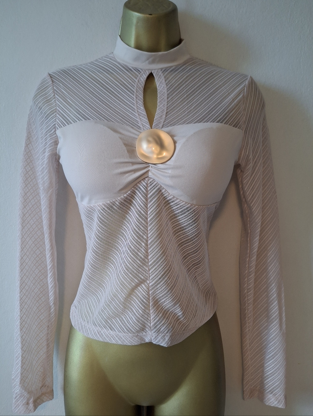Long-Sleeve Cream Mesh Keyhole Top with Decorative Accent